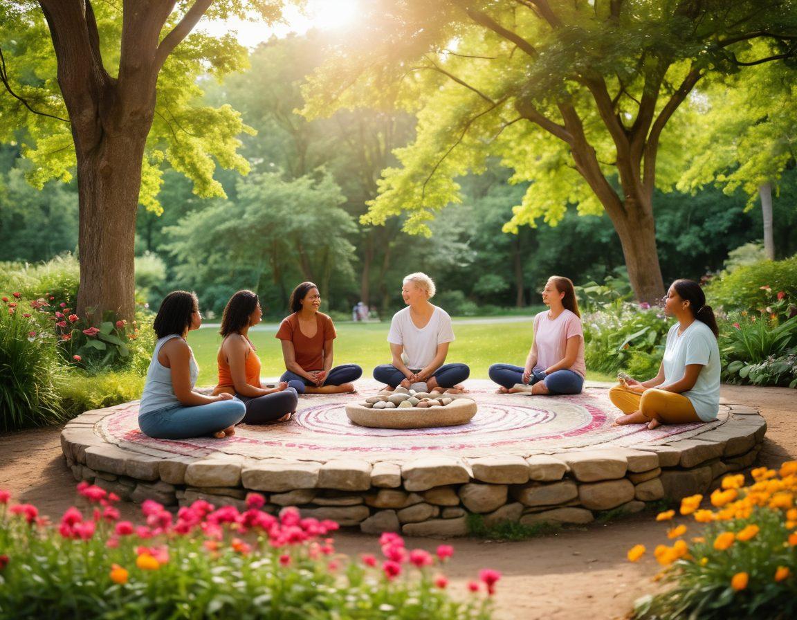 A warm and inviting scene of diverse people gathering together in a park, sharing heartfelt conversations and laughter, surrounded by lush greenery and colorful flowers. The individuals should represent various backgrounds and ages, emphasizing inclusivity and kindness. Soft sunlight bathes the scene, creating a serene atmosphere that evokes feelings of support and community. Include symbols of mental wellness, like mindfulness stones or a small group meditation circle in the background. vibrant colors. soft focus.