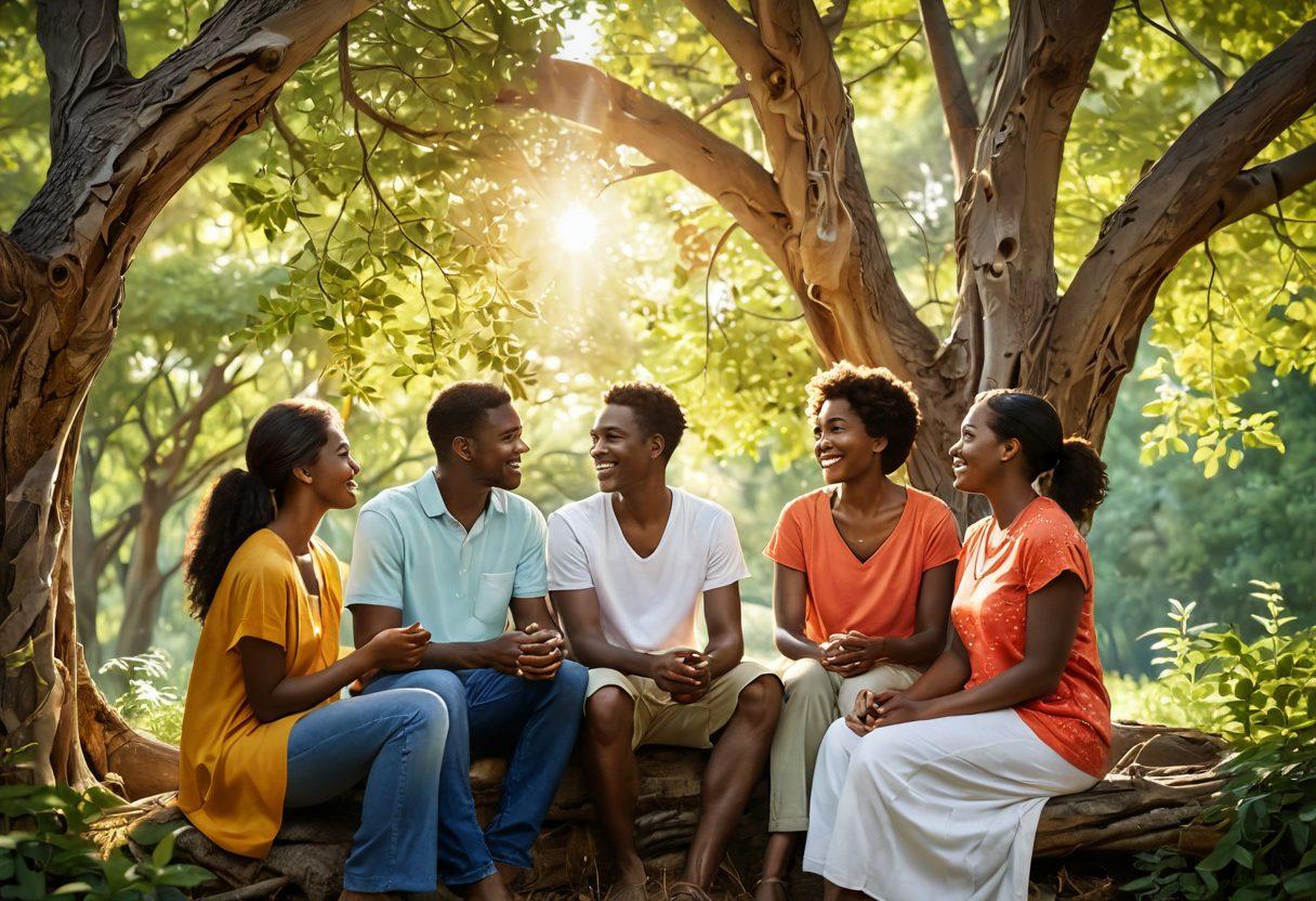 A serene scene depicting diverse individuals engaged in heartfelt conversations, surrounded by nature, symbolizing connection and emotional support. Soft sunlight filtering through tree branches, highlighting the warmth of their smiles and gestures. Include elements like heart motifs and soothing colors to enhance the theme of well-being. super-realistic. vibrant colors. natural setting.