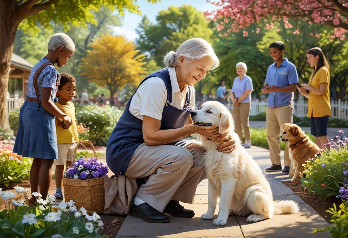 A warm, inviting scene depicting a diverse group of people sharing moments of kindness: a child helping an elderly person, friends hugging, and a volunteer comforting a stray animal. The background features a bright park with blooming flowers symbolizing growth and compassion. Soft, glowing light enhances the warmth of the interactions. rich colors. super-realistic.